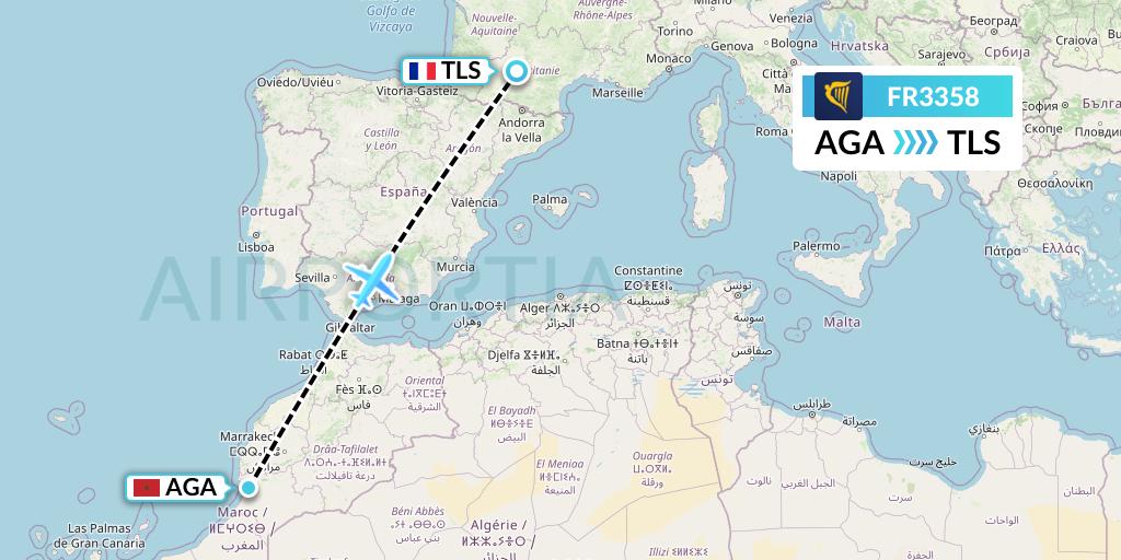 FR3358 Ryanair Flight Map: Agadir to Toulouse