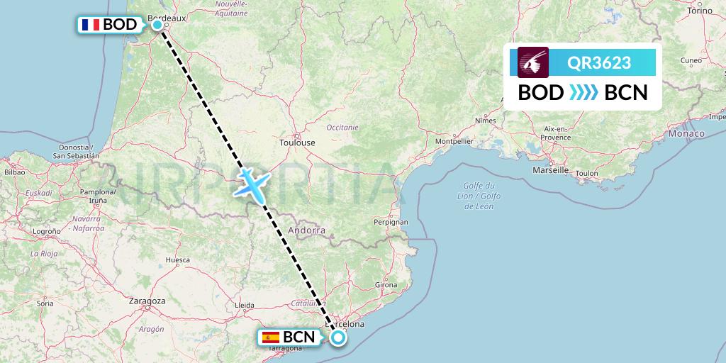QR3623 Qatar Airways Flight Map: Bordeaux to Barcelona