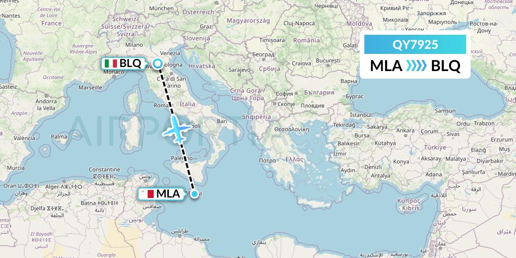 QY7925 European Air Transport Flight Map: Malta to Bologna