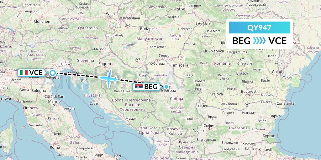 QY947 European Air Transport Flight Map: Belgrade to Venice