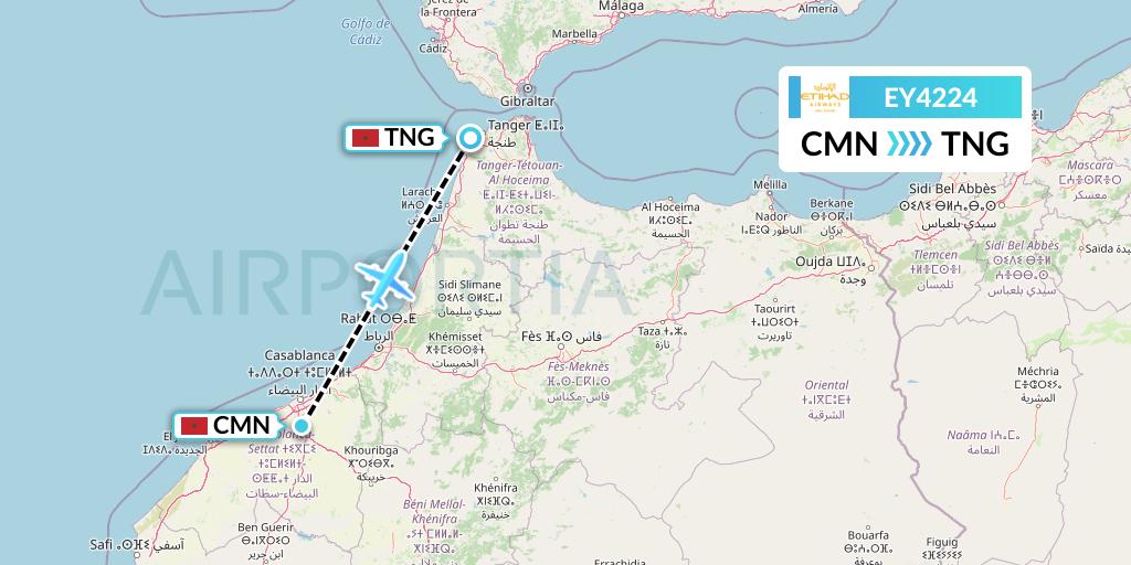EY4224 Etihad Airways Flight Map: Casablanca to Tangier