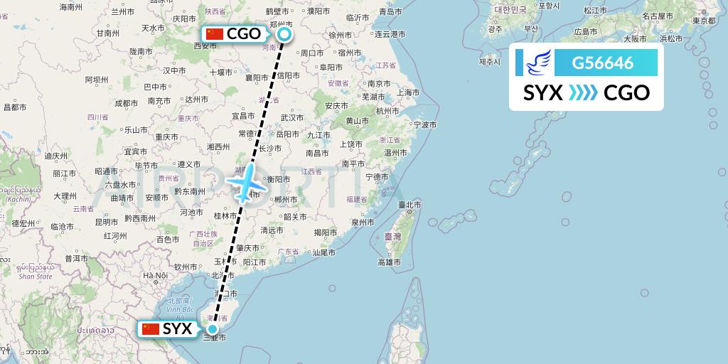 G56646 China Express Airlines Flight Map: Sanya to Zhengzhou