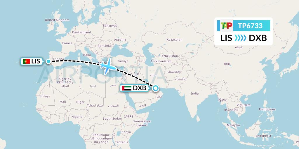 TP6733 TAP Portugal Flight Map: Lisbon to Dubai