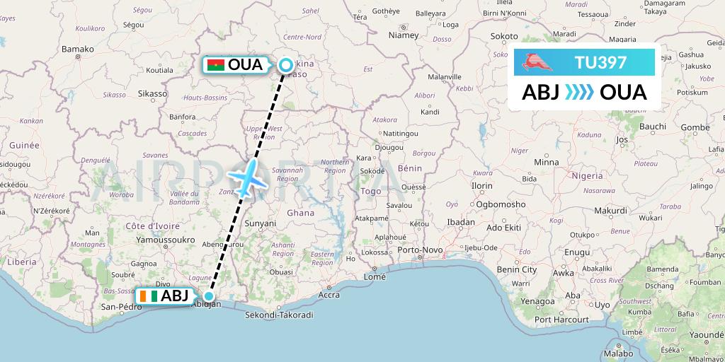 TU397 Tunisair Flight Map: Abidjan to Ouagadougou