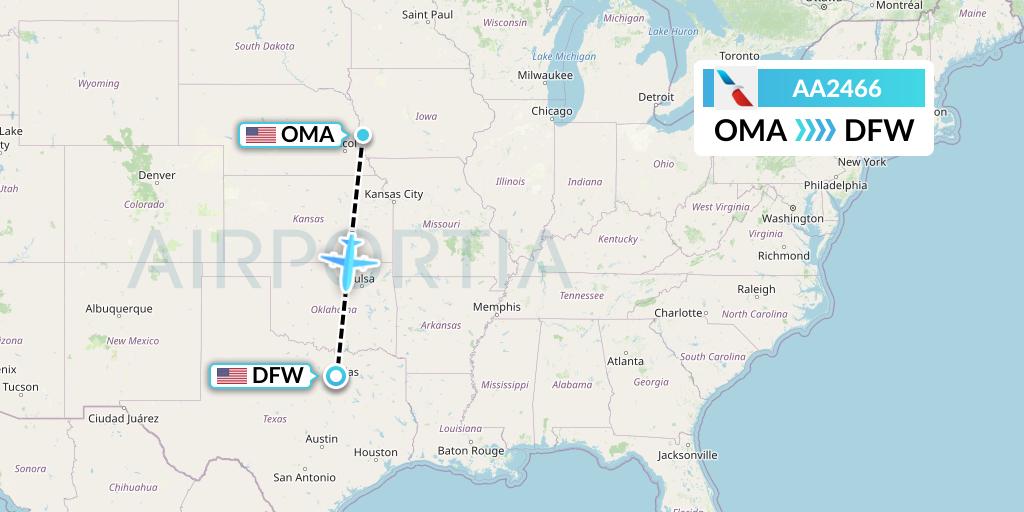 AA2466 American Airlines Flight Map: Omaha to Dallas