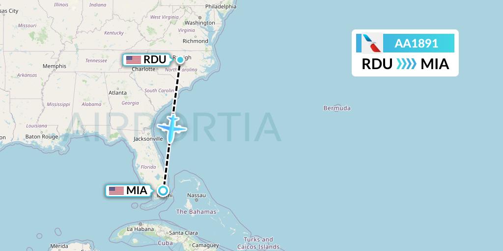 AA1891 American Airlines Flight Map: Raleigh-Durham to Miami