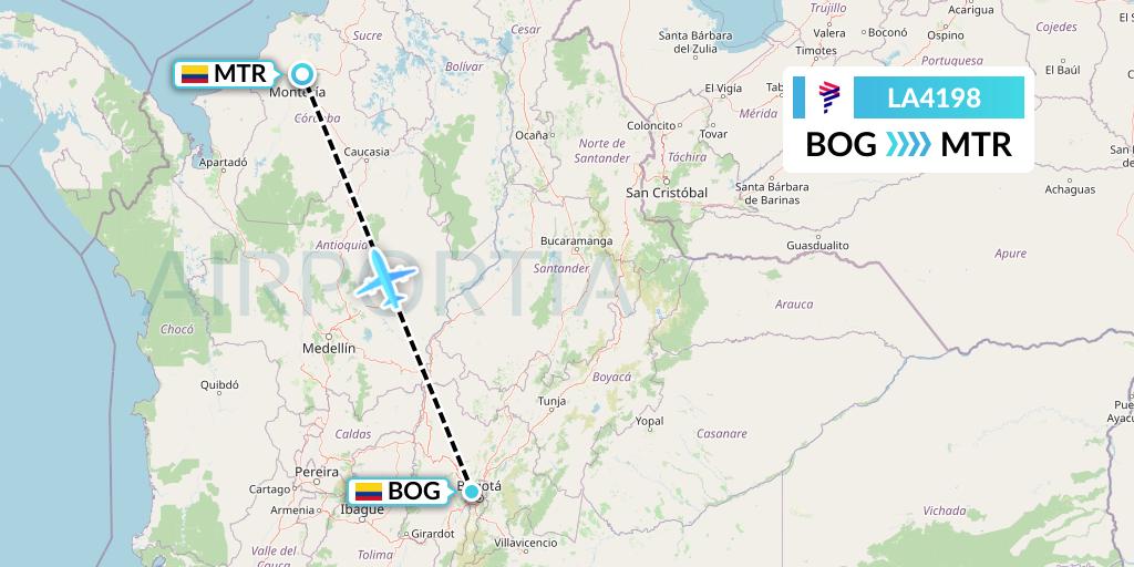 LA4198 LAN Airlines Flight Map: Bogota to Monteria