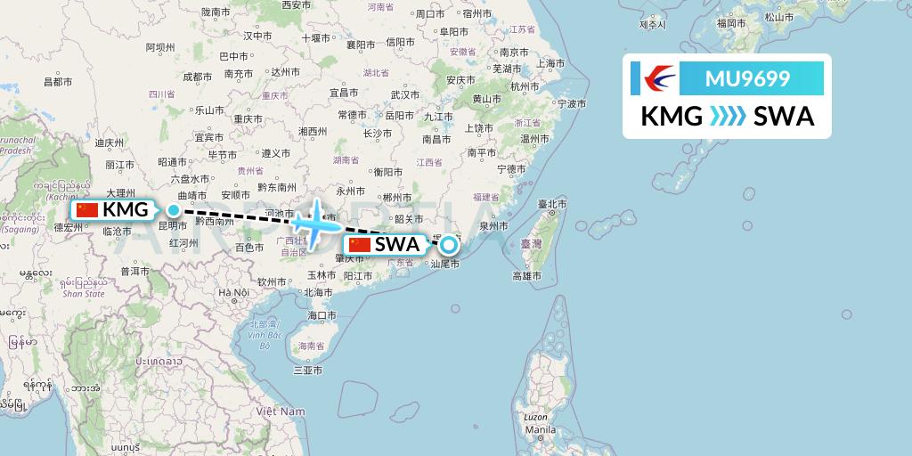 MU9699 China Eastern Airlines Flight Map: Kunming to Jieyang