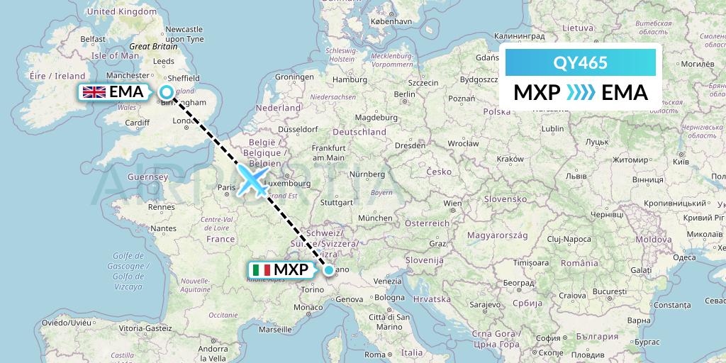 QY465 European Air Transport Flight Map: Milan to East Midlands