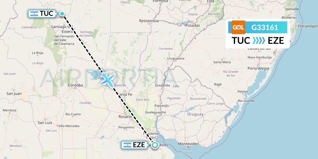 G33161 GOL Transportes Aeros Flight Map: Tucuman to Buenos Aires