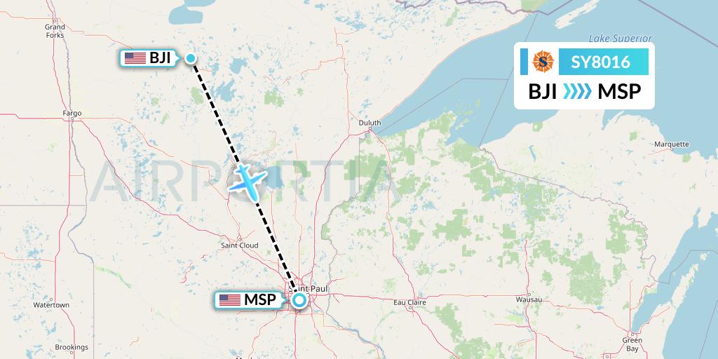 SY8016 Sun Country Airlines Flight Map: Bemidji to Minneapolis