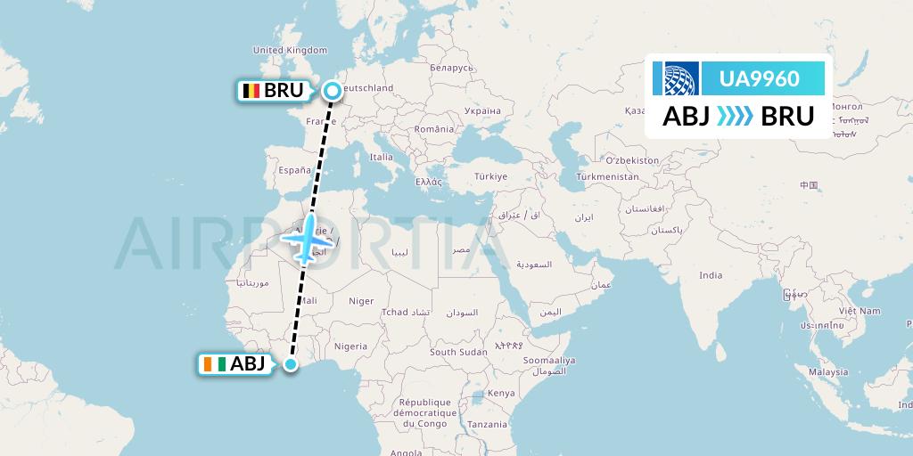 UA9960 United Airlines Flight Map: Abidjan to Brussels