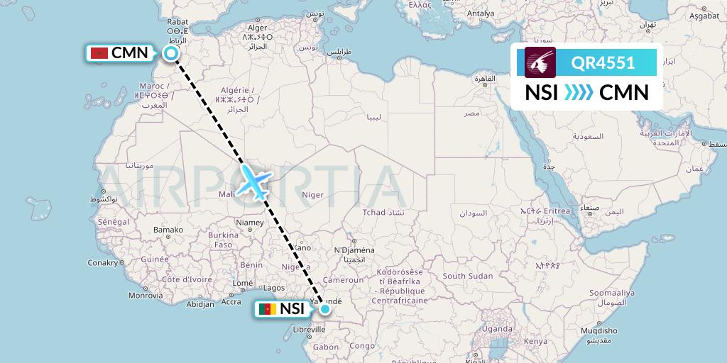 QR4551 Qatar Airways Flight Map: Yaounde to Casablanca