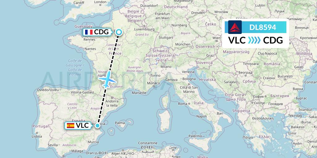 DL8594 Delta Air Lines Flight Map: Valencia to Paris