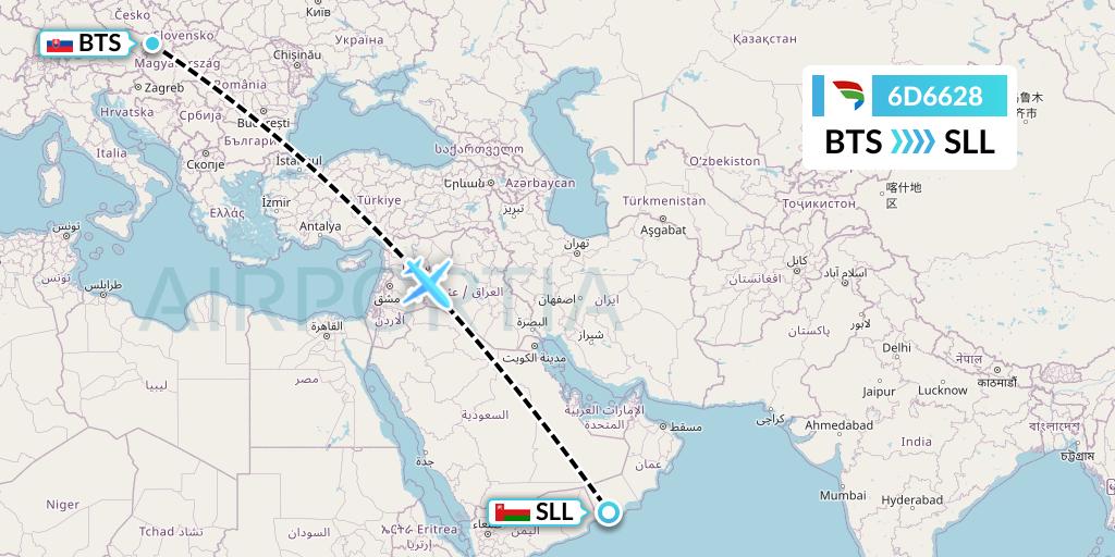 6D6628 Travel Service Slovakia Flight Map: Bratislava to Salalah