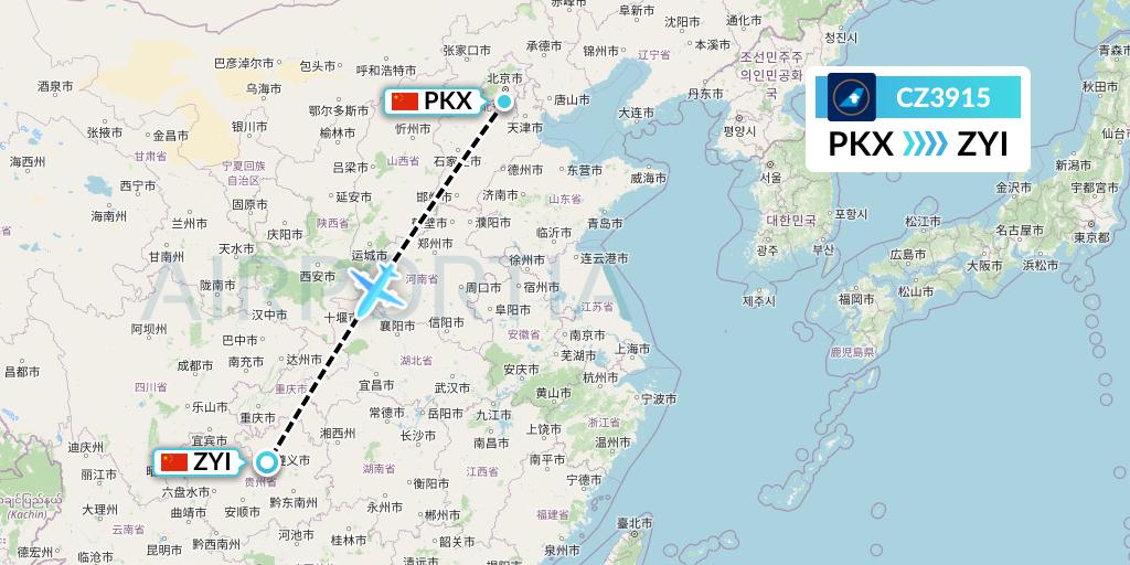 CZ3915 China Southern Airlines Flight Map: Beijing to Zunyi