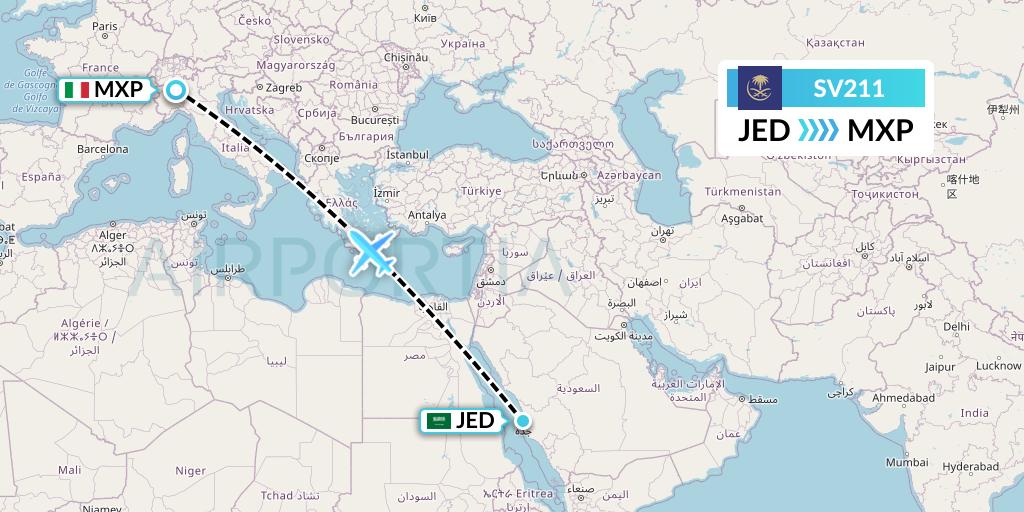 SV211 Saudi Arabian Airlines Flight Map: Jeddah to Milan