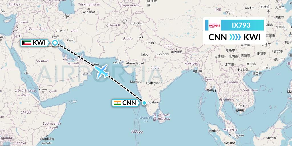 IX793 Air India Express Flight Map: Mattannur to Kuwait City