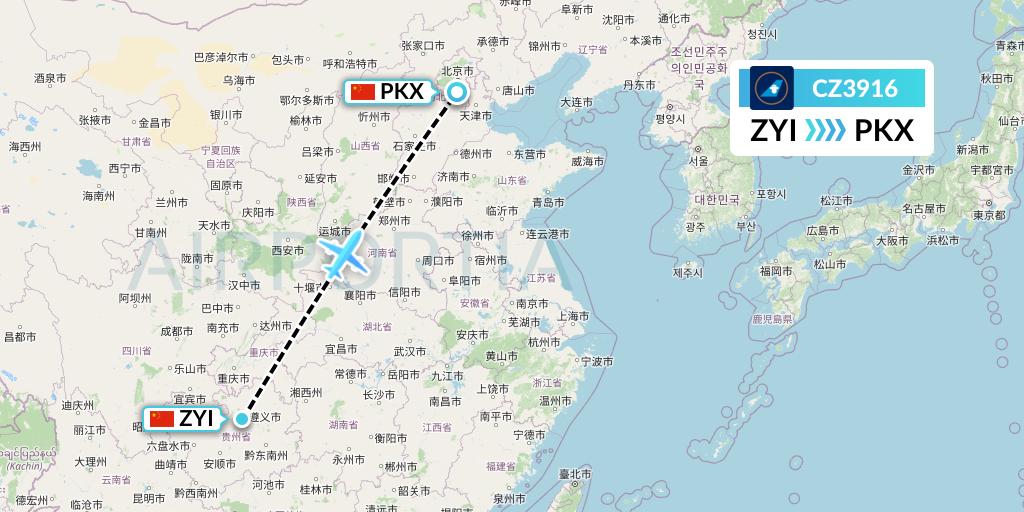 CZ3916 China Southern Airlines Flight Map: Zunyi to Beijing