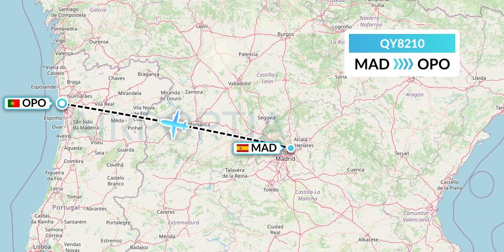 QY8210 European Air Transport Flight Map: Madrid to Porto