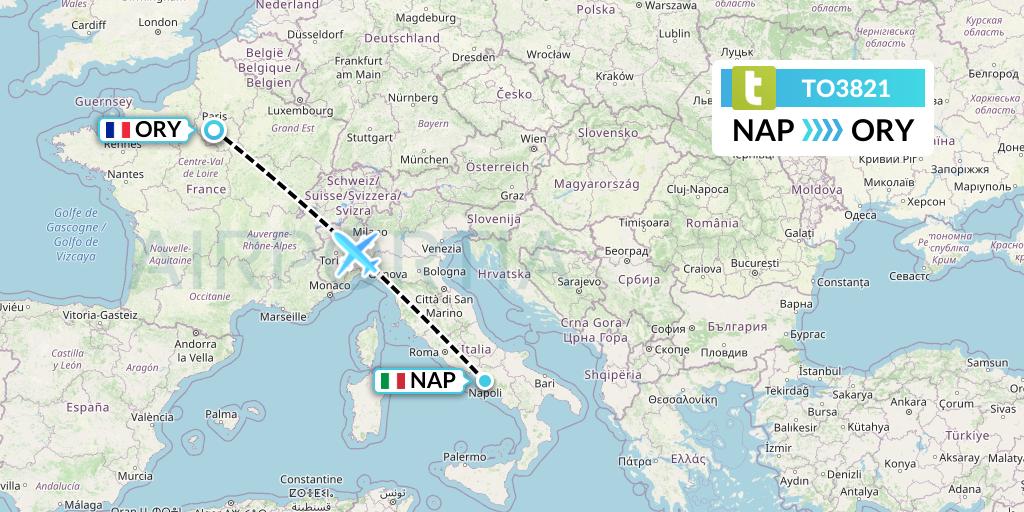 TO3821 Transavia France Flight Map: Naples to Paris