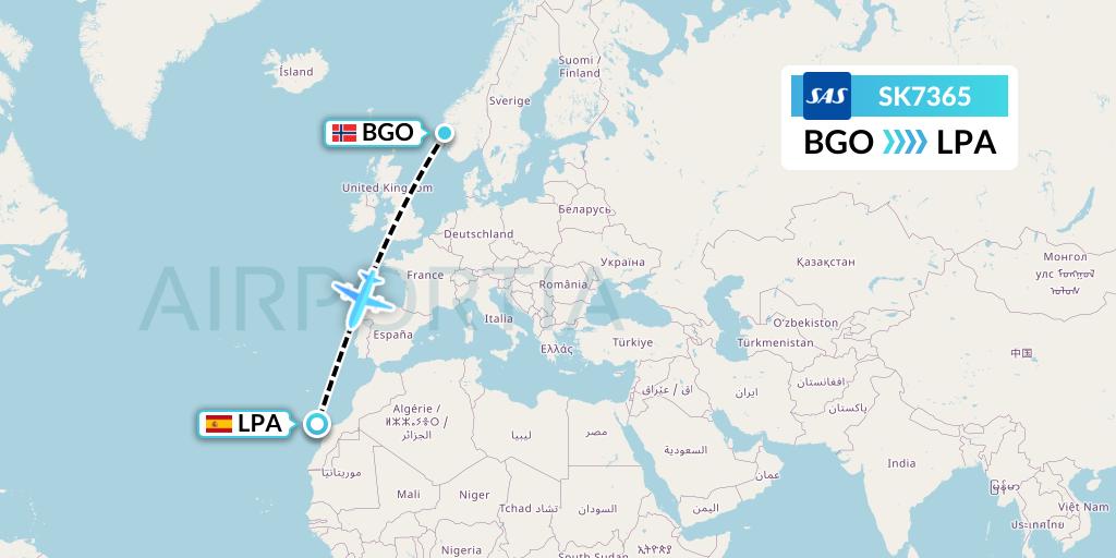 SK7365 SAS Flight Map: Bergen to Las Palmas