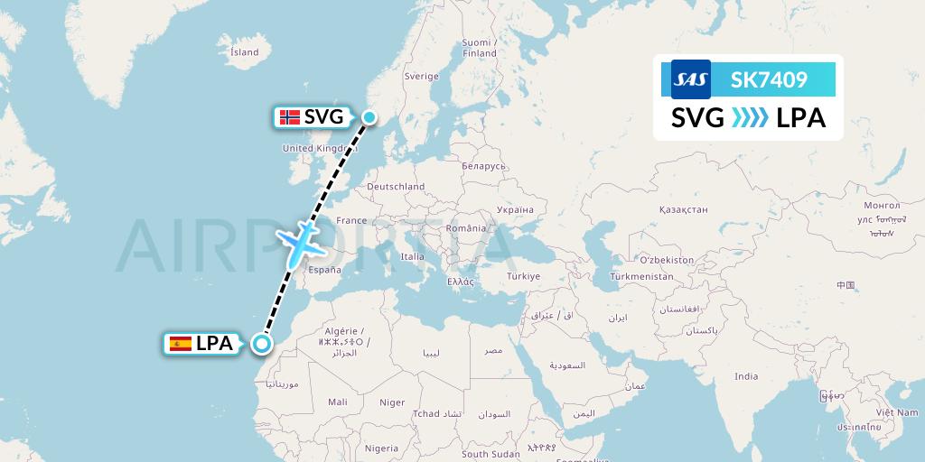 SK7409 SAS Flight Map: Stavanger to Las Palmas