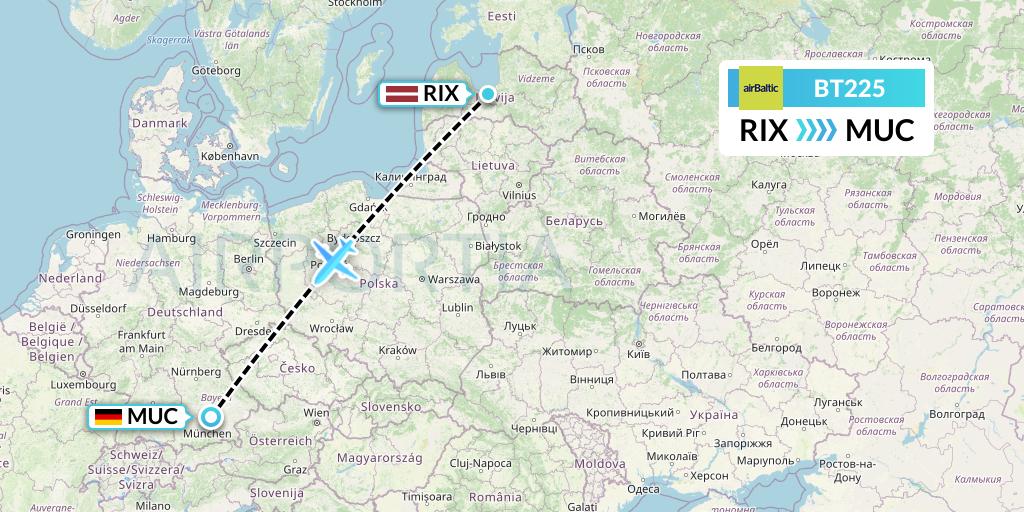 BT225 Air Baltic Flight Map: Riga to Munich