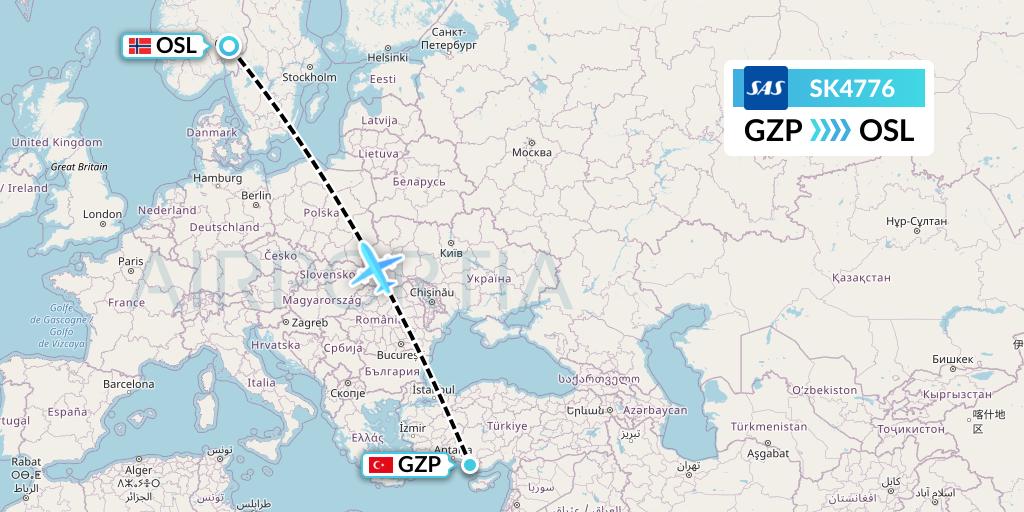 SK4776 SAS Flight Map: Gazipasa to Oslo