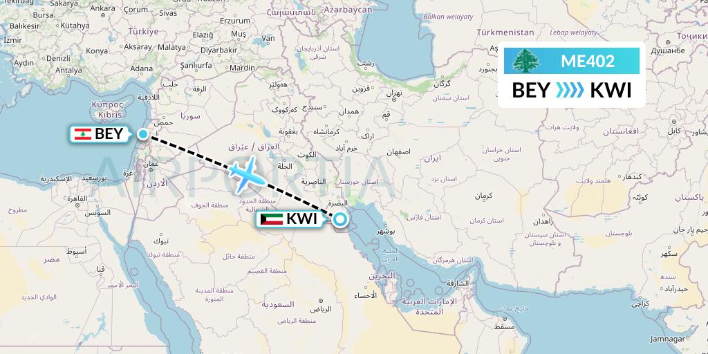ME402 MEA Flight Map: Beirut to Kuwait City