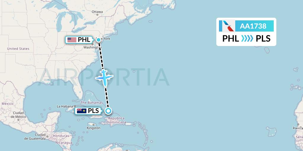 AA1738 American Airlines Flight Map: Philadelphia to Providenciales