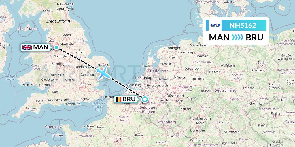 NH5162 All Nippon Airways Flight Map: Manchester to Brussels