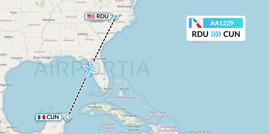 AA1229 American Airlines Flight Map: Raleigh-Durham to Cancun