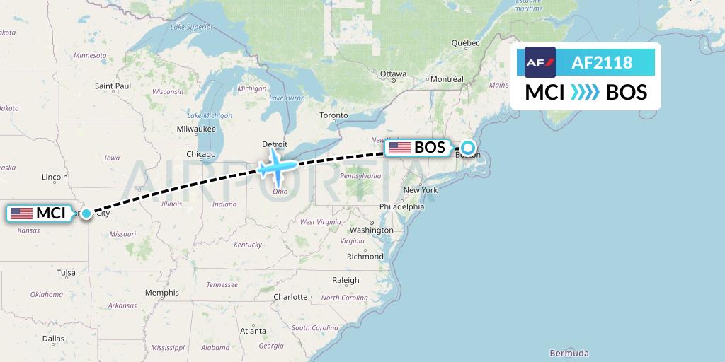 AF2118 Air France Flight Map: Kansas City to Boston