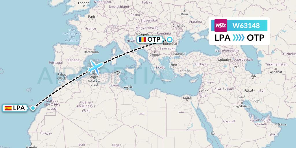 W63148 Wizz Air Flight Map: Las Palmas to Bucharest