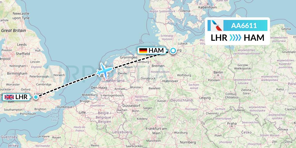 AA6611 American Airlines Flight Map: London to Hamburg