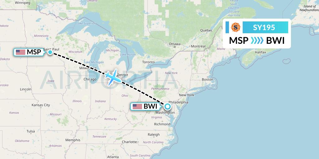 SY195 Sun Country Airlines Flight Map: Minneapolis to Baltimore