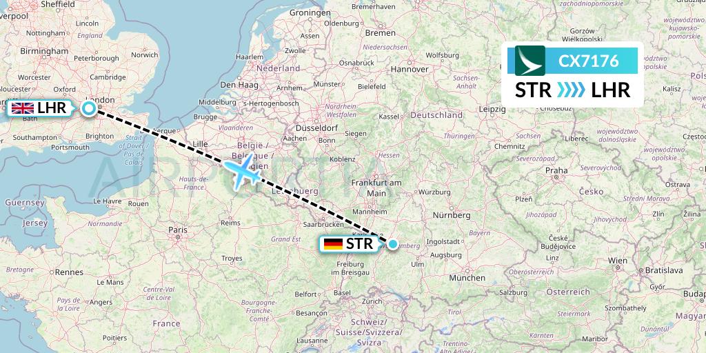 CX7176 Cathay Pacific Flight Map: Stuttgart to London