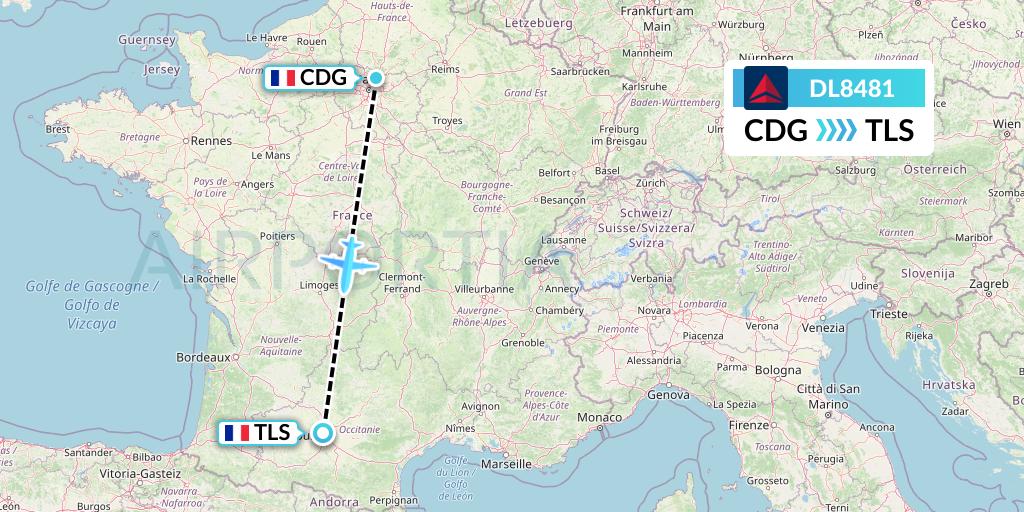 DL8481 Delta Air Lines Flight Map: Paris to Toulouse