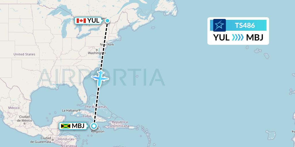 TS486 Air Transat Flight Map: Montreal to Montego Bay