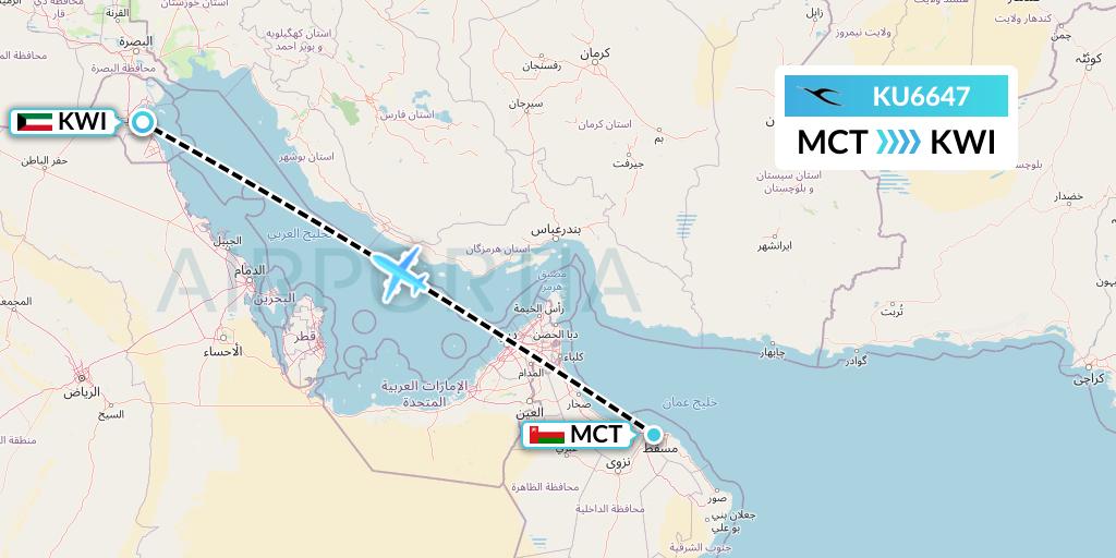 KU6647 Kuwait Airways Flight Map: Muscat to Kuwait City