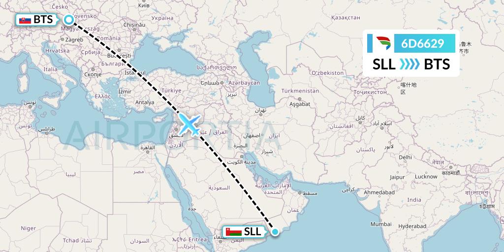 6D6629 Travel Service Slovakia Flight Map: Salalah to Bratislava