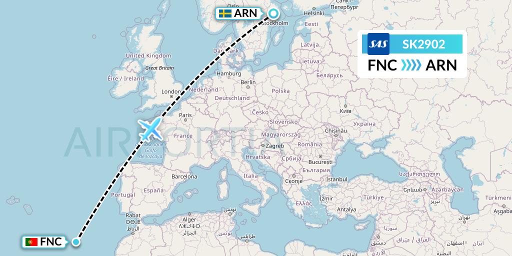 SK2902 SAS Flight Map: Funchal to Stockholm