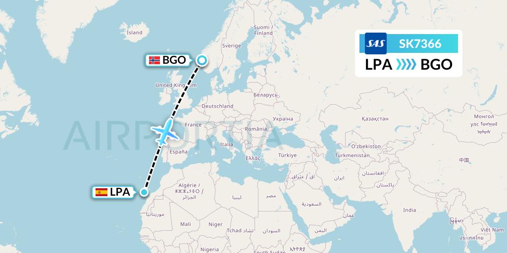 SK7366 SAS Flight Map: Las Palmas to Bergen
