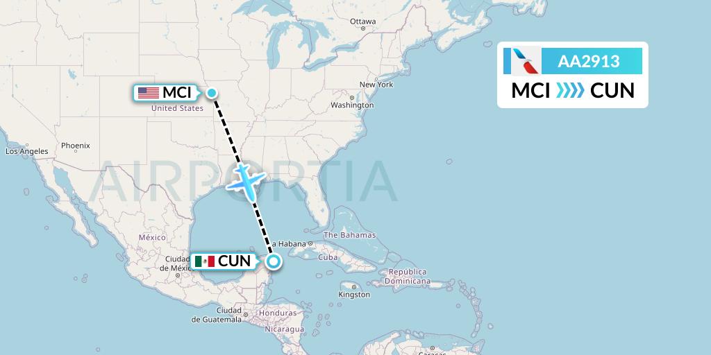 AA2913 American Airlines Flight Map: Kansas City to Cancun