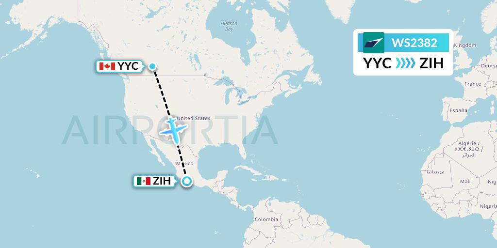 WS2382 WestJet Flight Map: Calgary to Zihuatanejo