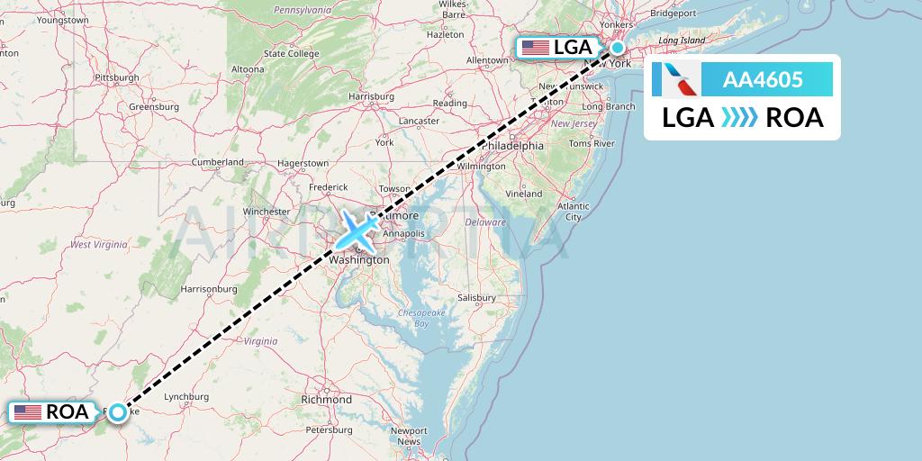 AA4605 American Airlines Flight Map: New York to Roanoke