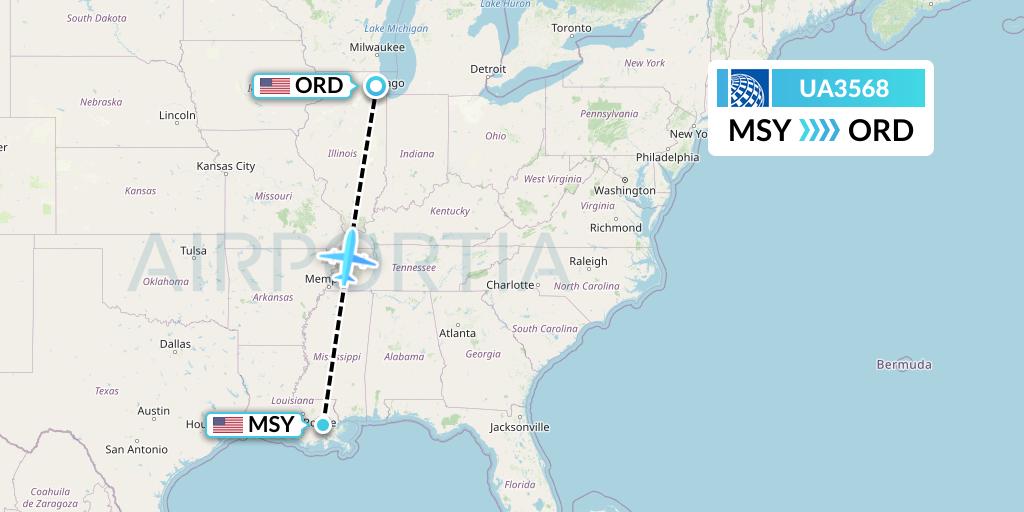 UA3568 United Airlines Flight Map: New Orleans to Chicago