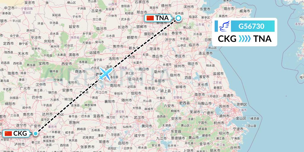 G56730 China Express Airlines Flight Map: Chongqing to Jinan