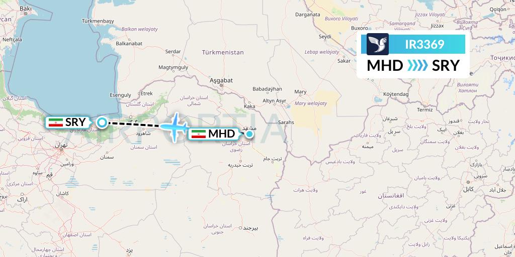 IR3369 Iran Air Flight Map: Mashhad to Sari